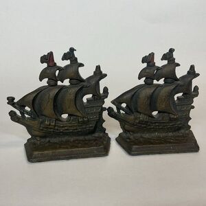VTG Pair Cast Iron Metal Pirate Sailing Boat Clipper Ship Bookends Heavy 4.5"